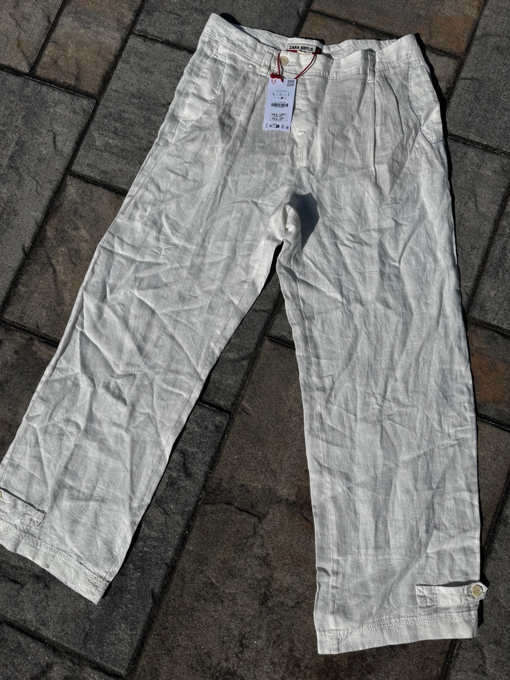 Zara SRPLS $129 Nwt Women's Off White Linen  Pants Slacks Blue Pocket Sz Lg **